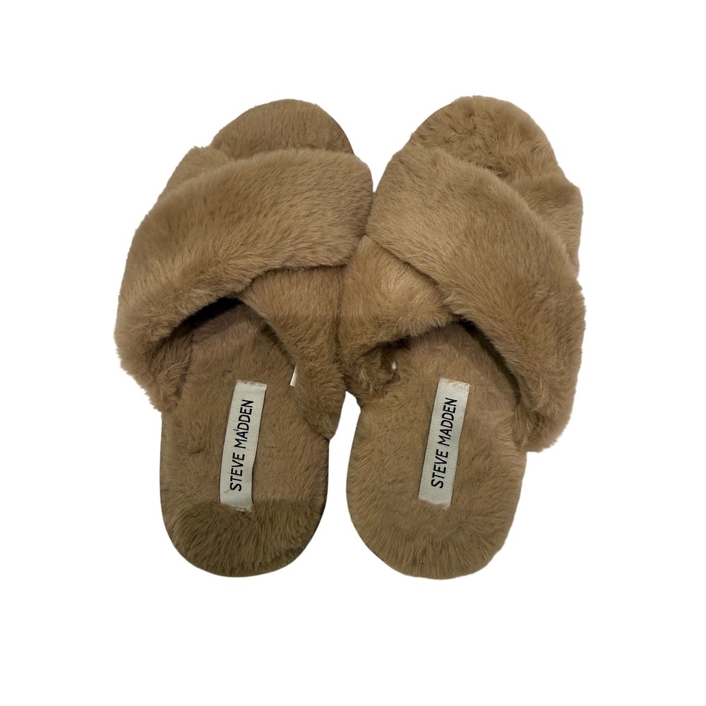 Steve Madden Plush Crossband Slippers Tan M